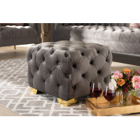 Baxton Studio TSFOT029-Slate Grey/Gold-Otto Avara Glam and Luxe Gray Velvet Fabric Upholstered Gold Finished Button Tufted Ottoman